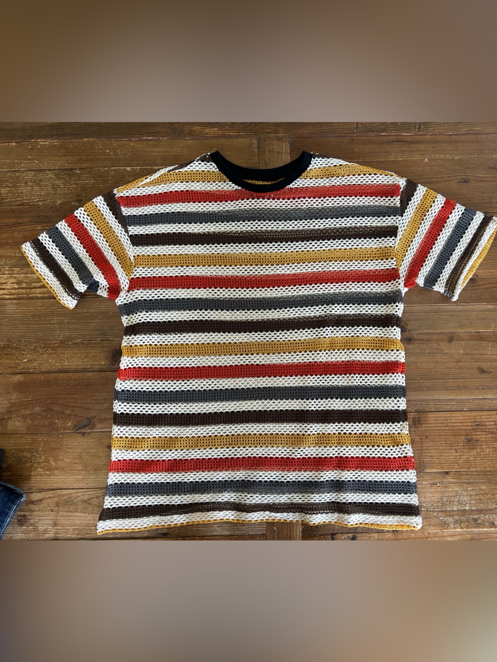 Open-Knit Striped Crewneck Sweater in White, Red, Mustard, Brown